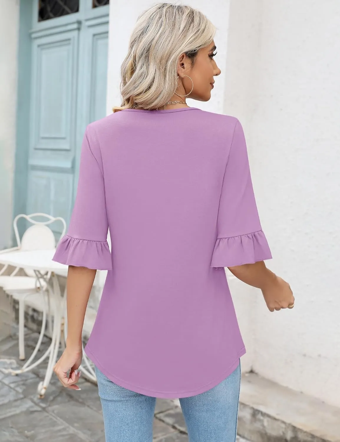 LOMON 3/4 Sleeve Tops for Women Summer Dressy Casual V Neck Shirts Ruffle Sleeve Loose Blouses