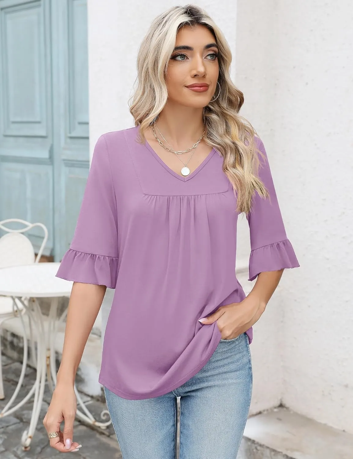 LOMON 3/4 Sleeve Tops for Women Summer Dressy Casual V Neck Shirts Ruffle Sleeve Loose Blouses