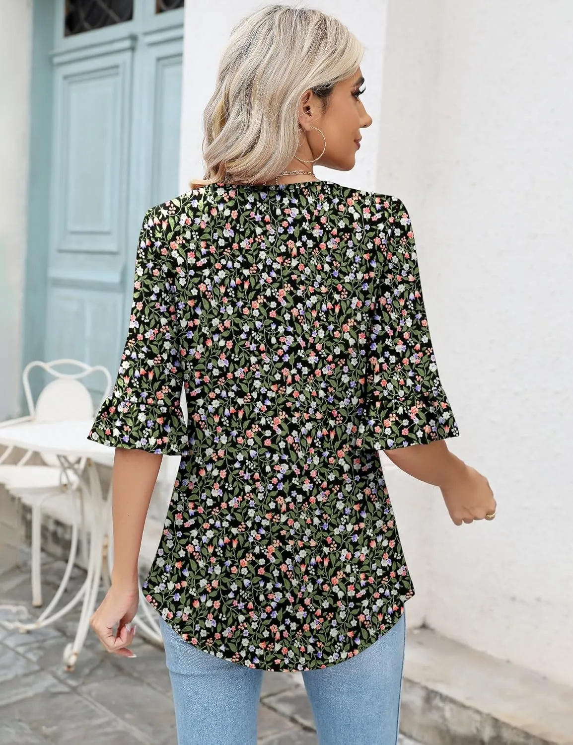 LOMON 3/4 Sleeve Tops for Women Summer Dressy Casual V Neck Shirts Ruffle Sleeve Loose Blouses