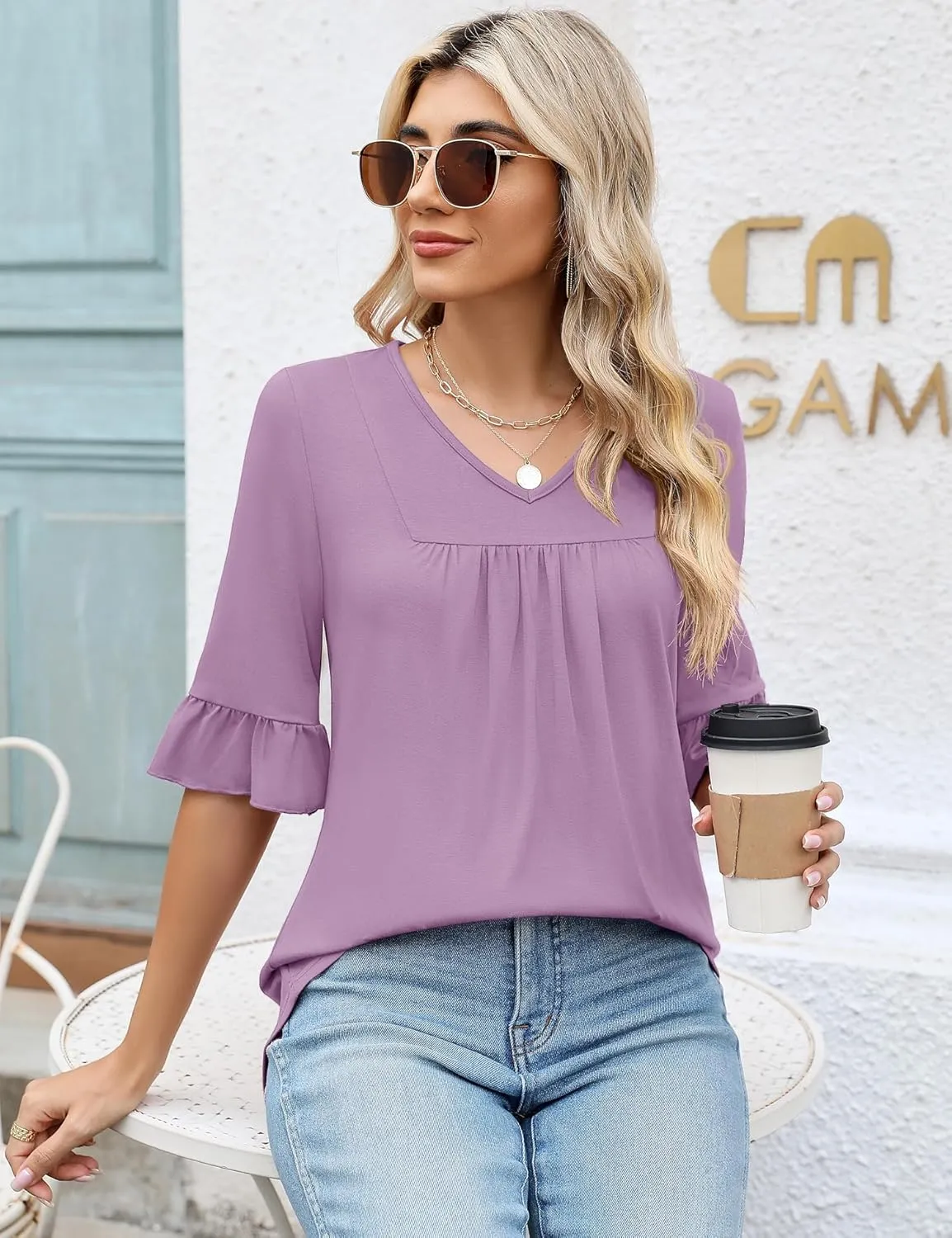 LOMON 3/4 Sleeve Tops for Women Summer Dressy Casual V Neck Shirts Ruffle Sleeve Loose Blouses