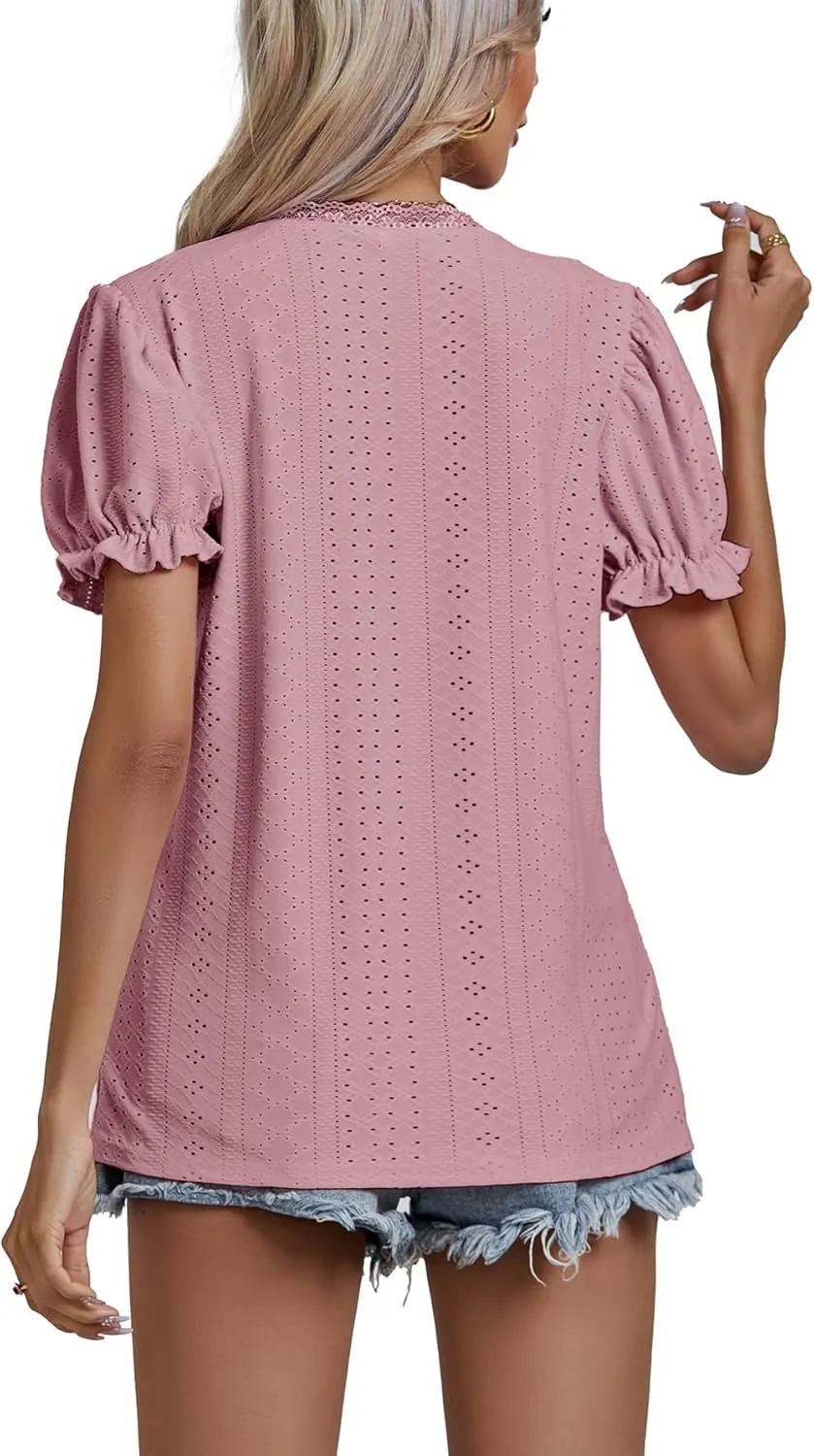 LYANER Women's Casual Puff Short Sleeve Lace Trim Eyelet V Neck Shirt Blouse Tunic Top