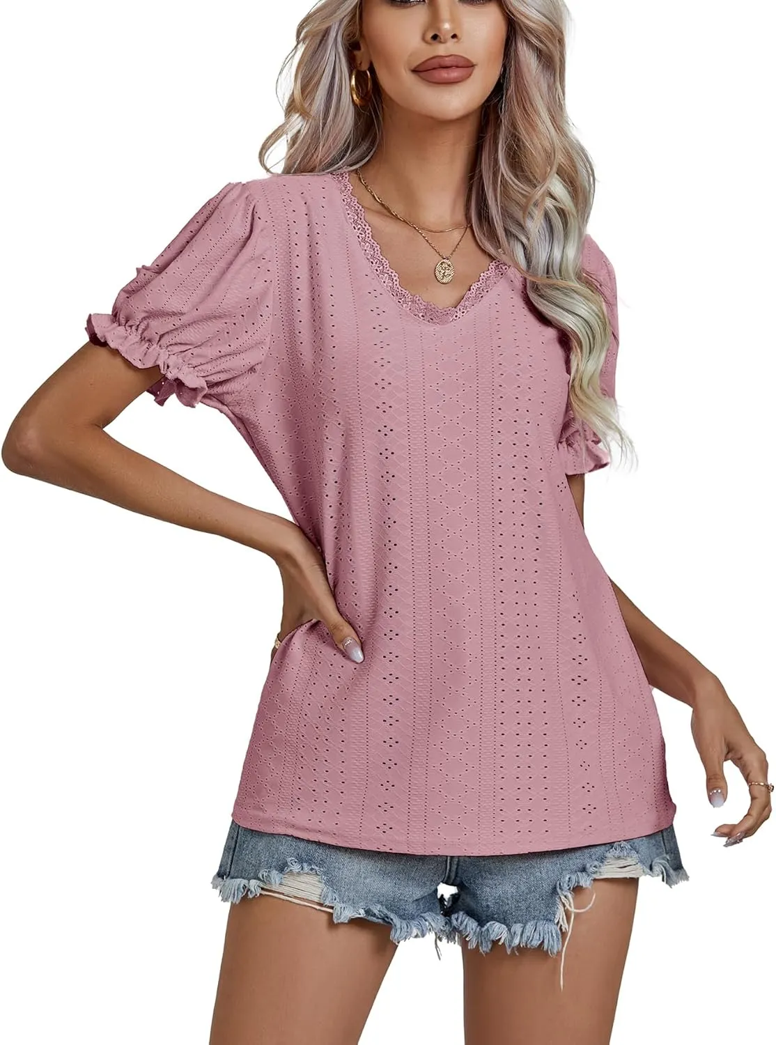 LYANER Women's Casual Puff Short Sleeve Lace Trim Eyelet V Neck Shirt Blouse Tunic Top