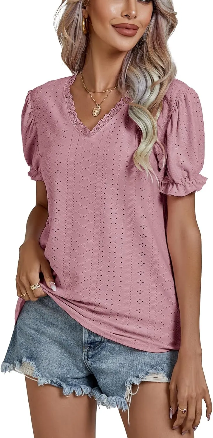 LYANER Women's Casual Puff Short Sleeve Lace Trim Eyelet V Neck Shirt Blouse Tunic Top