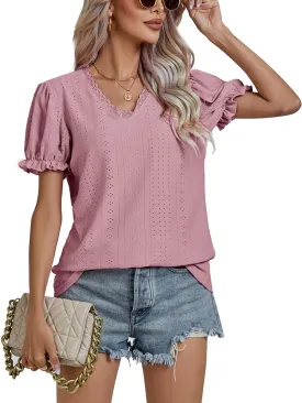 LYANER Women's Casual Puff Short Sleeve Lace Trim Eyelet V Neck Shirt Blouse Tunic Top