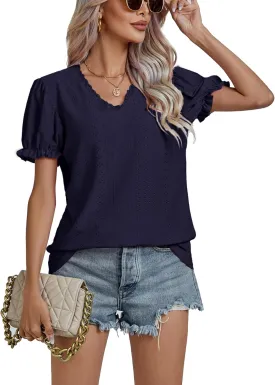 LYANER Women's Casual Puff Short Sleeve Lace Trim Eyelet V Neck Shirt Blouse Tunic Top
