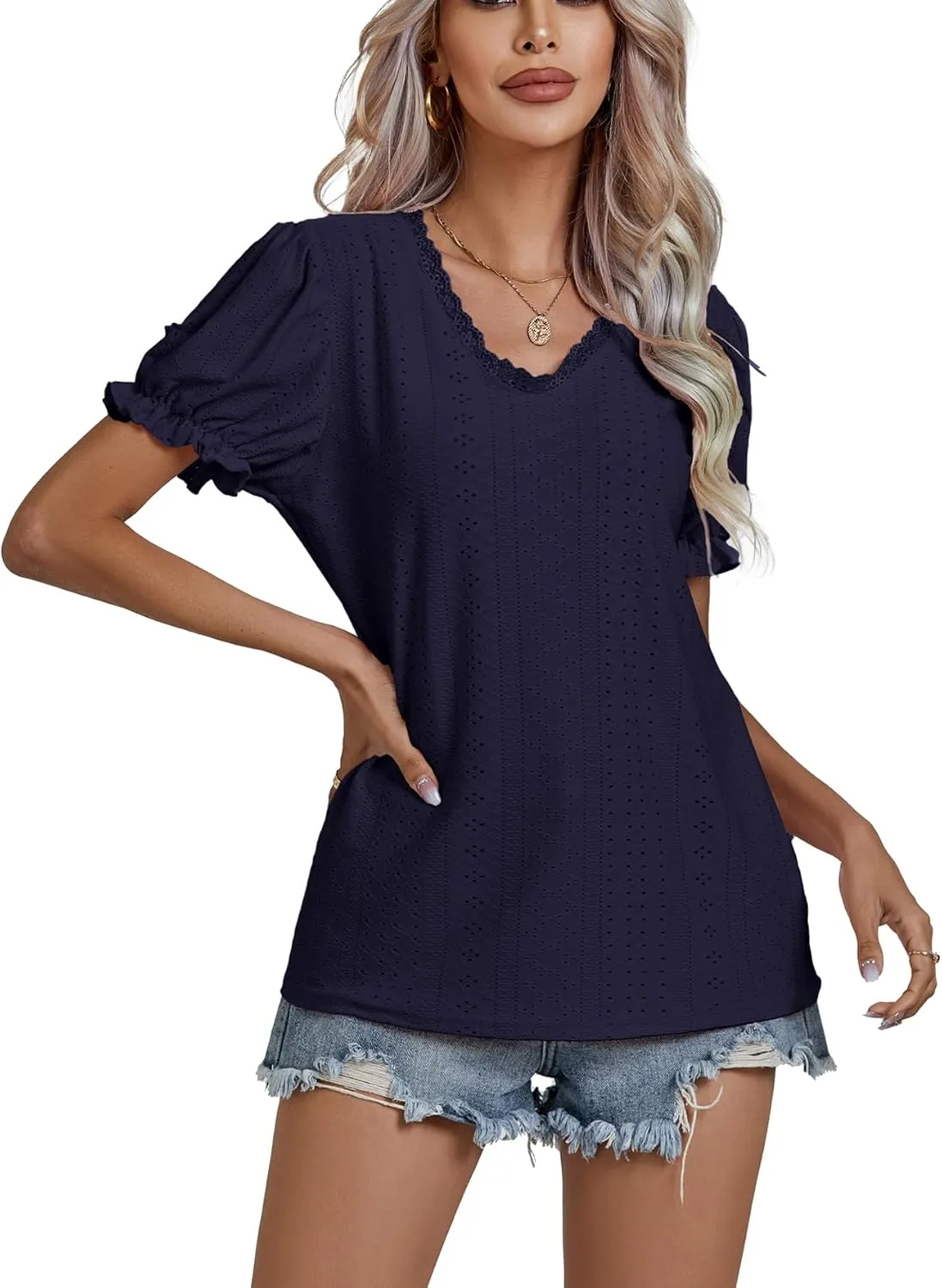LYANER Women's Casual Puff Short Sleeve Lace Trim Eyelet V Neck Shirt Blouse Tunic Top