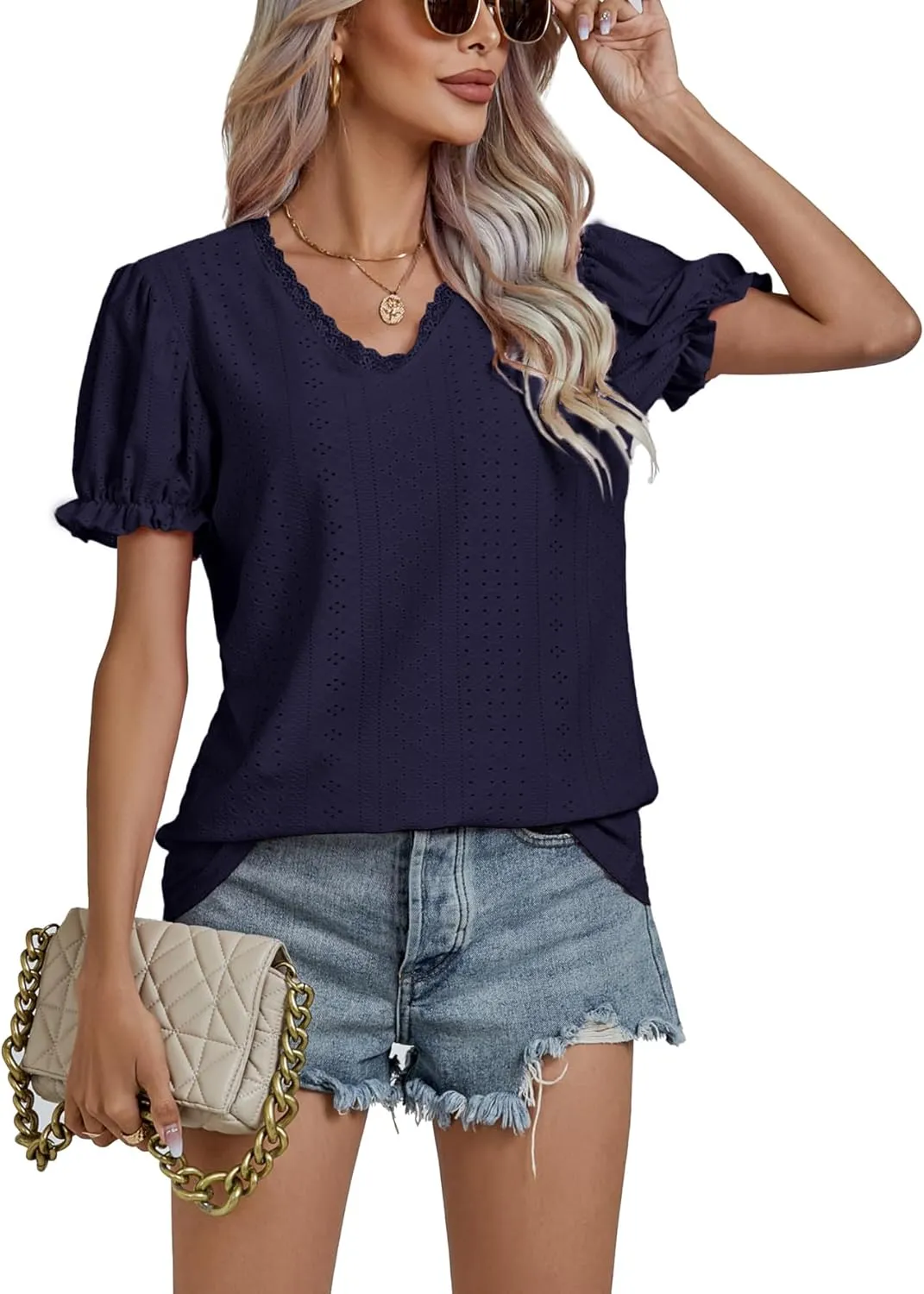 LYANER Women's Casual Puff Short Sleeve Lace Trim Eyelet V Neck Shirt Blouse Tunic Top