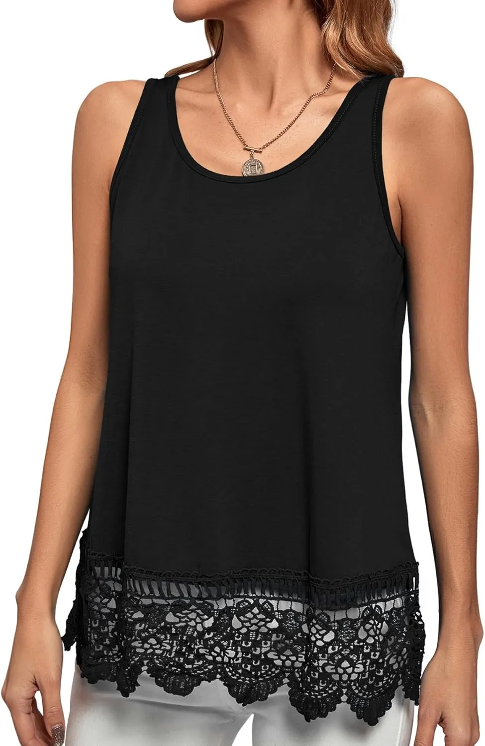 LYANER Women's Lace Hem Boat Neck Sleeveless Swing Trim Loose Tank Tops Blouse