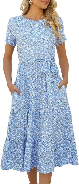 Lyrur Women's Dresses Casual Summer Tiered Midi Dress Short Sleeve Belted Ruffle Babydoll Boho Sundress with Pockets