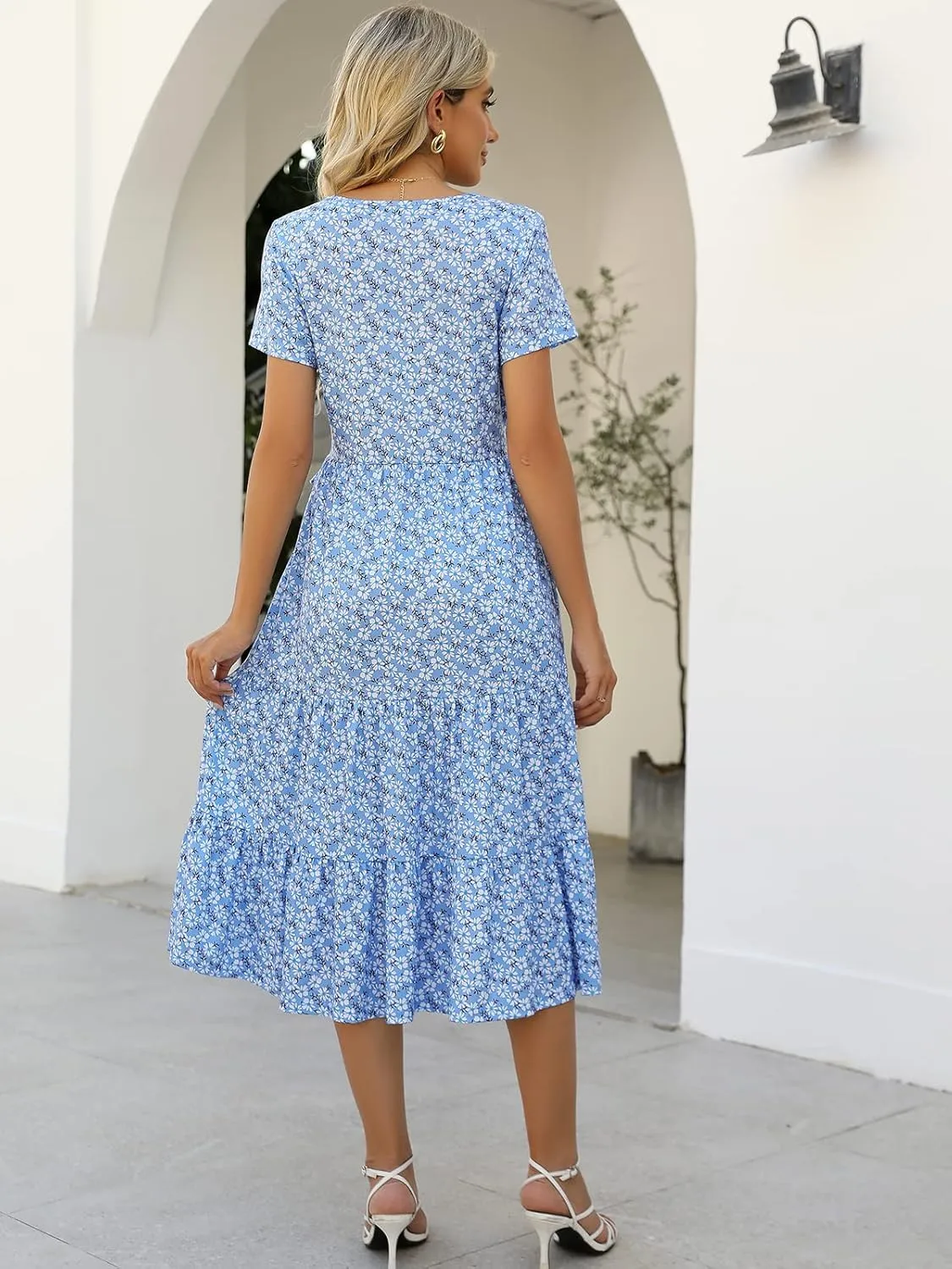 Lyrur Women's Dresses Casual Summer Tiered Midi Dress Short Sleeve Belted Ruffle Babydoll Boho Sundress with Pockets