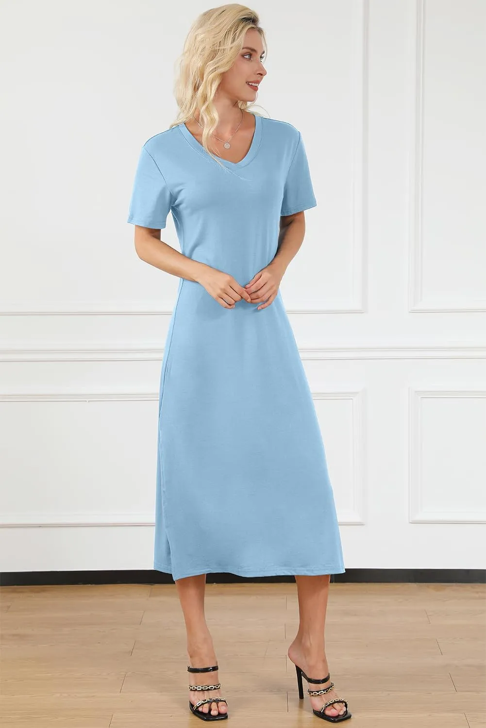 MARZXIN Women 2025 Casual Maxi Dress Short Sleeve V Neck Stripe Sundress Split Loose Long Summer Tshirt Activewear Dress