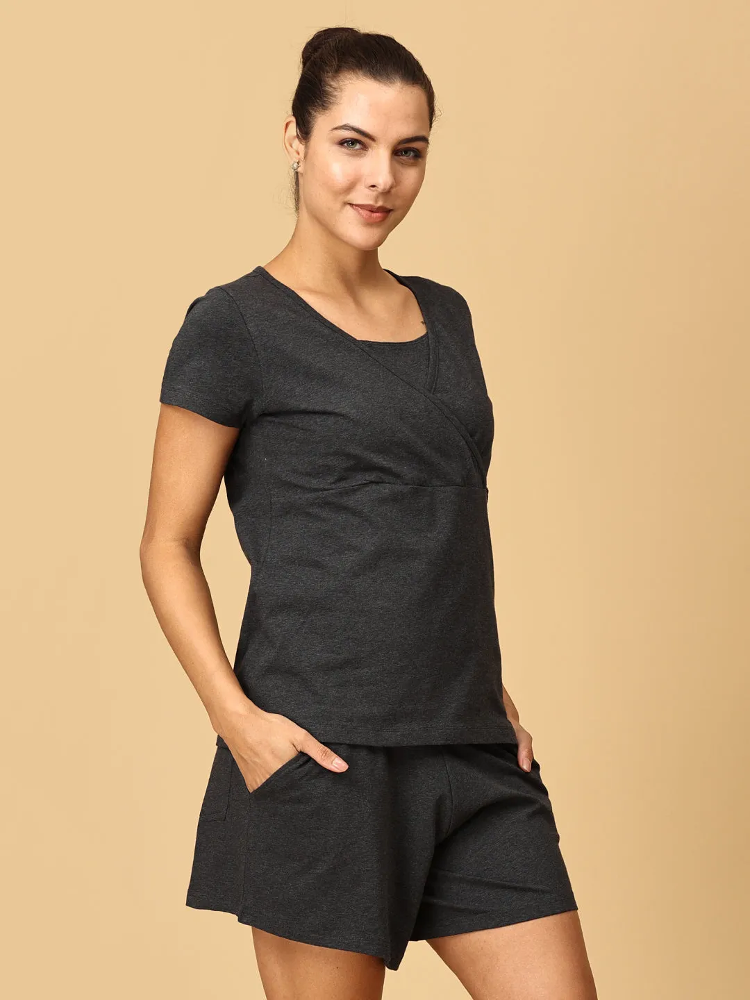 Maternity and Nursing Top & Maternity Shorts Combo- Grey Melange
