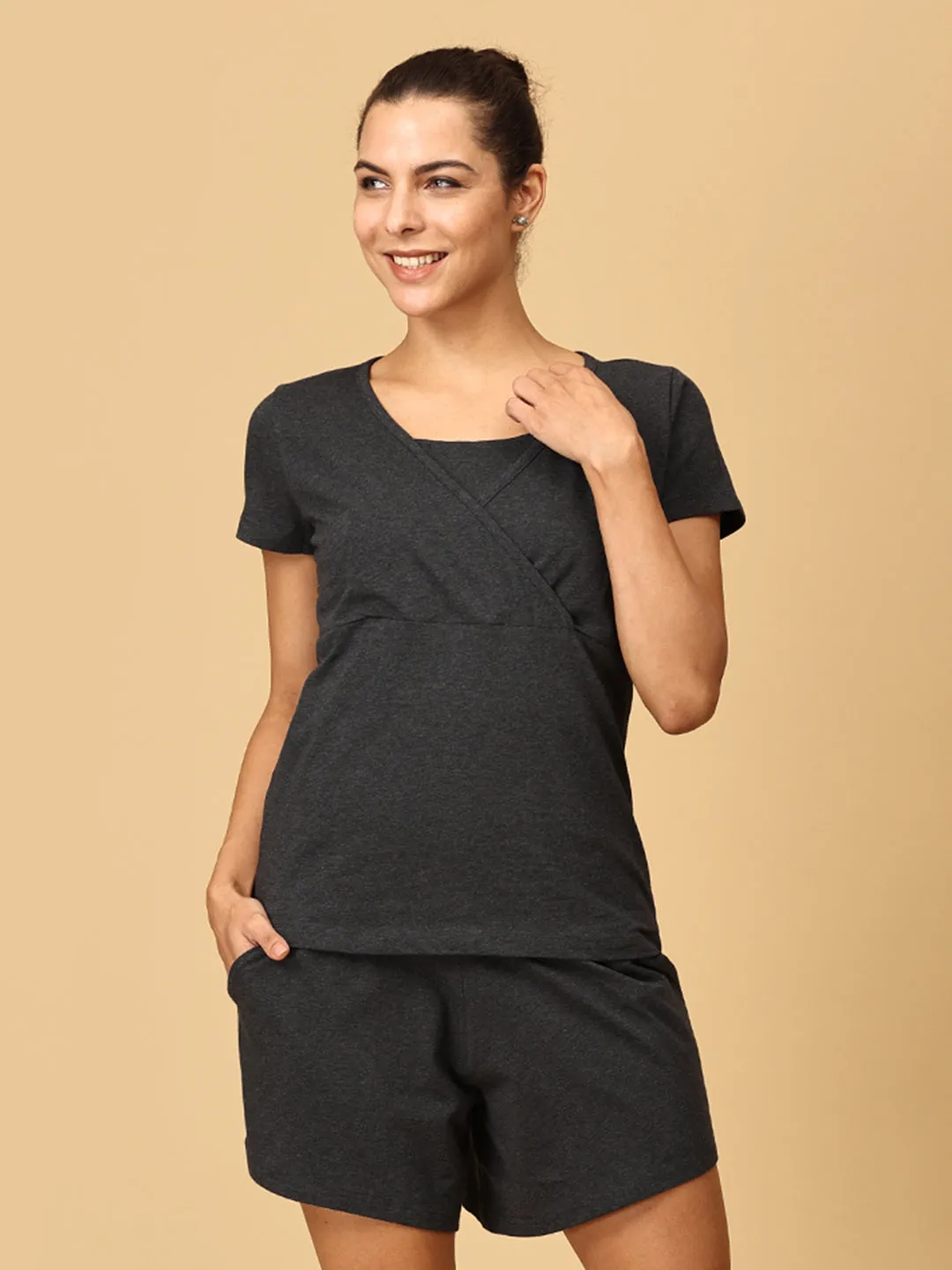 Maternity and Nursing Top & Maternity Shorts Combo- Grey Melange