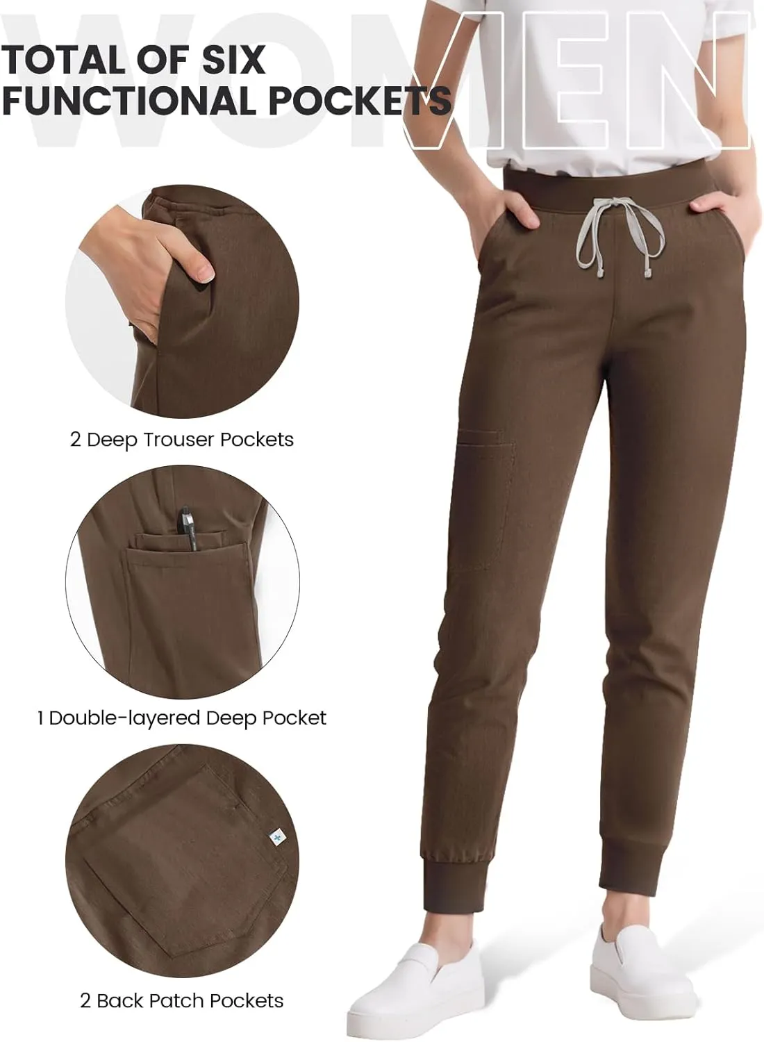 Medical Scrub Pants for Women, Jogger Pants with 6 Pockets, Soft Womens Scrubs Pant Drawstring Mid-Rise Cargo Pants