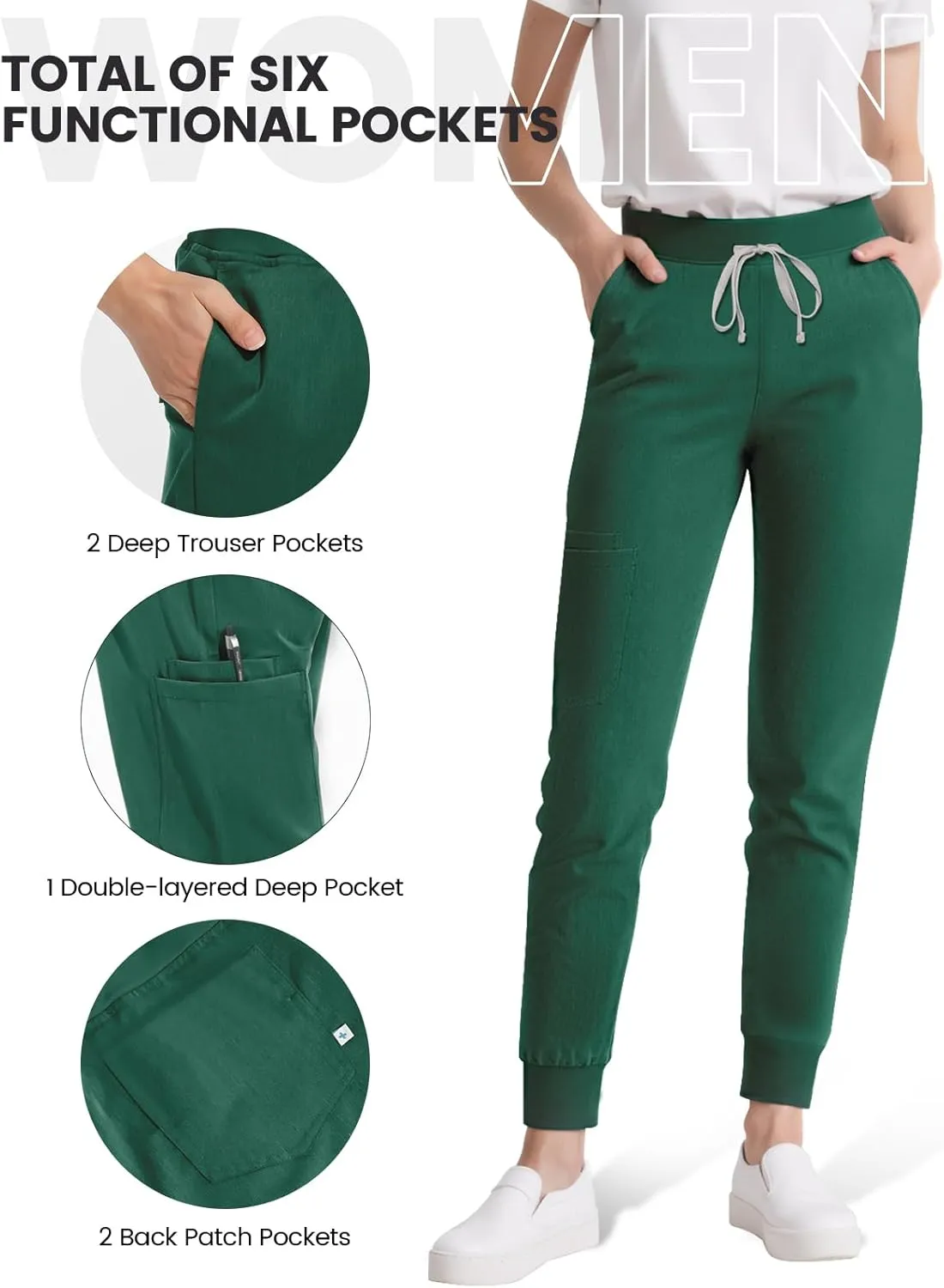 Medical Scrub Pants for Women, Jogger Pants with 6 Pockets, Soft Womens Scrubs Pant Drawstring Mid-Rise Cargo Pants