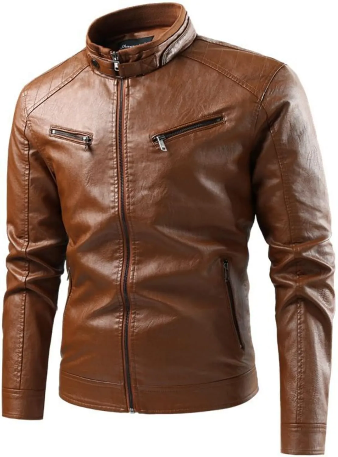Men Stand Collar Faux Leather Jacket Vintage Zip up PU Motorcycle Outerwear Side Zipper Pocket Classy Cozy Coat