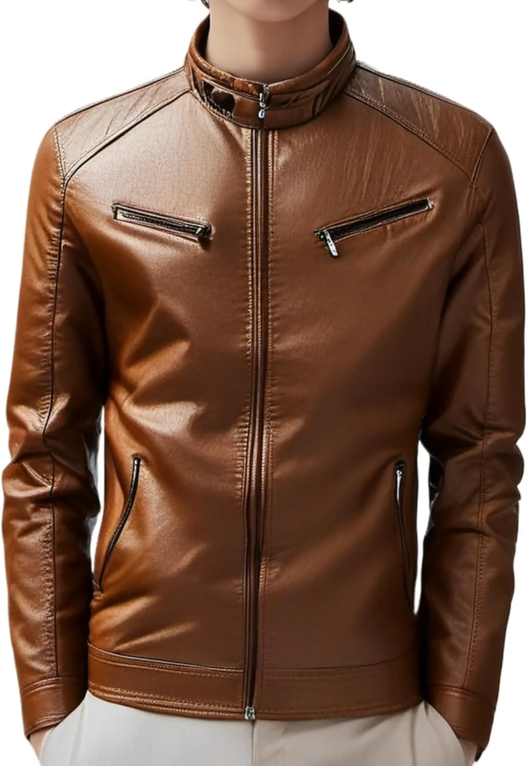 Men Stand Collar Faux Leather Jacket Vintage Zip up PU Motorcycle Outerwear Side Zipper Pocket Classy Cozy Coat