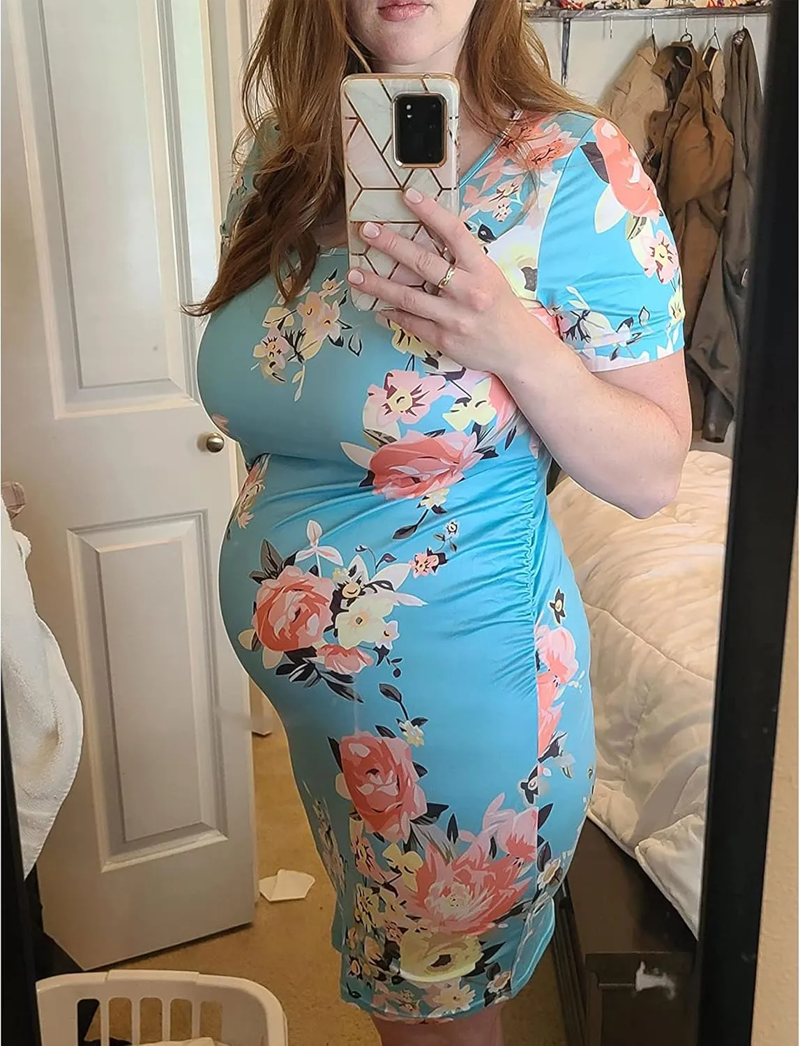 Peauty Everyday Essentials Maternity Bodycon Dress Side Ruch & Short Sleeve Dress for Baby Shower Daily (S-2XL)