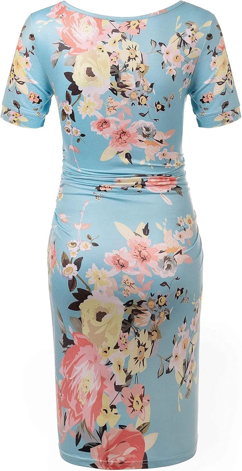 Peauty Everyday Essentials Maternity Bodycon Dress Side Ruch & Short Sleeve Dress for Baby Shower Daily (S-2XL)