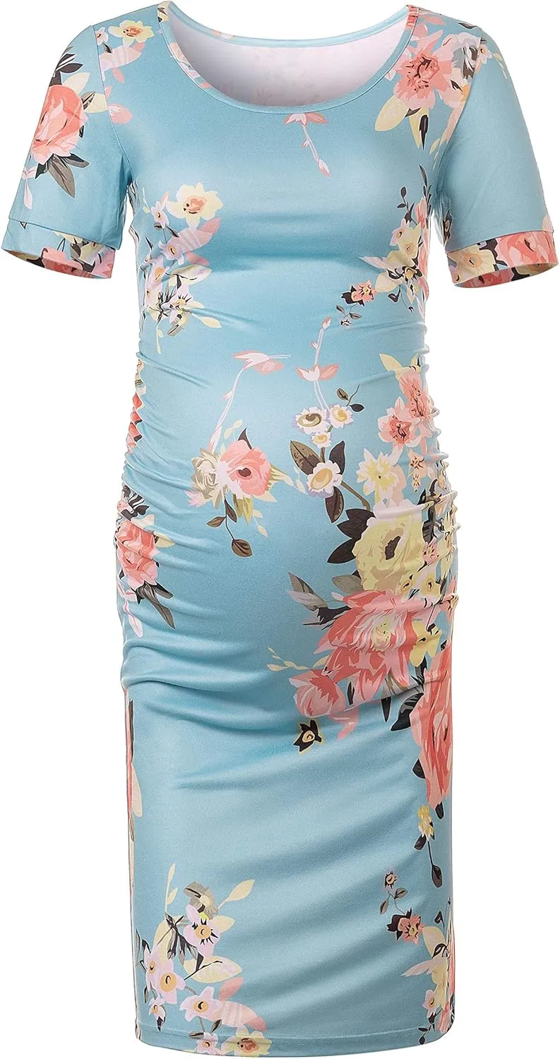 Peauty Everyday Essentials Maternity Bodycon Dress Side Ruch & Short Sleeve Dress for Baby Shower Daily (S-2XL)
