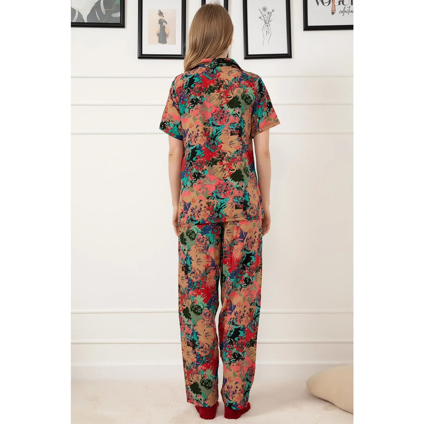 Red Patterned Buttoned Pajamas Set