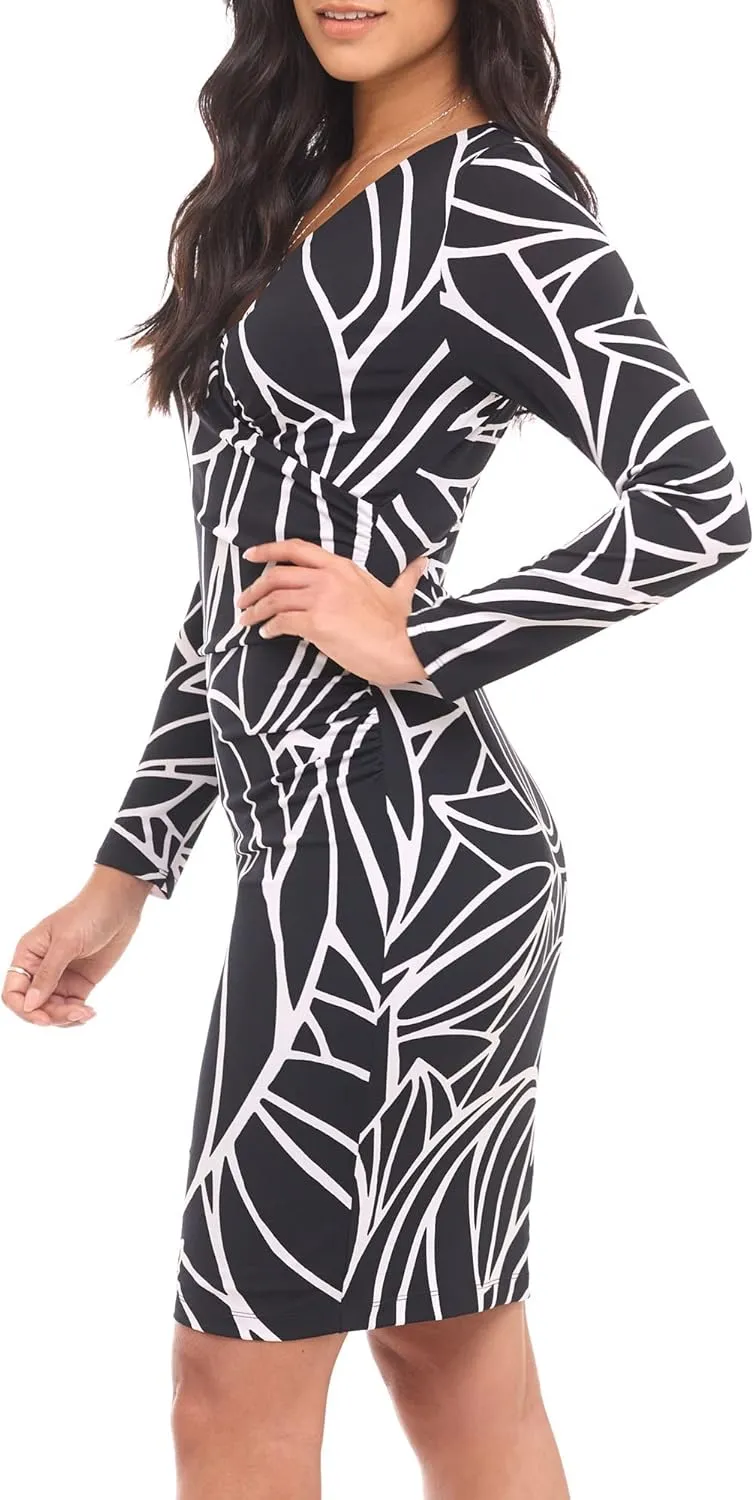 Rekucci Women's V-Neck Long Sleeve Slimming Stretchy Knit Dress