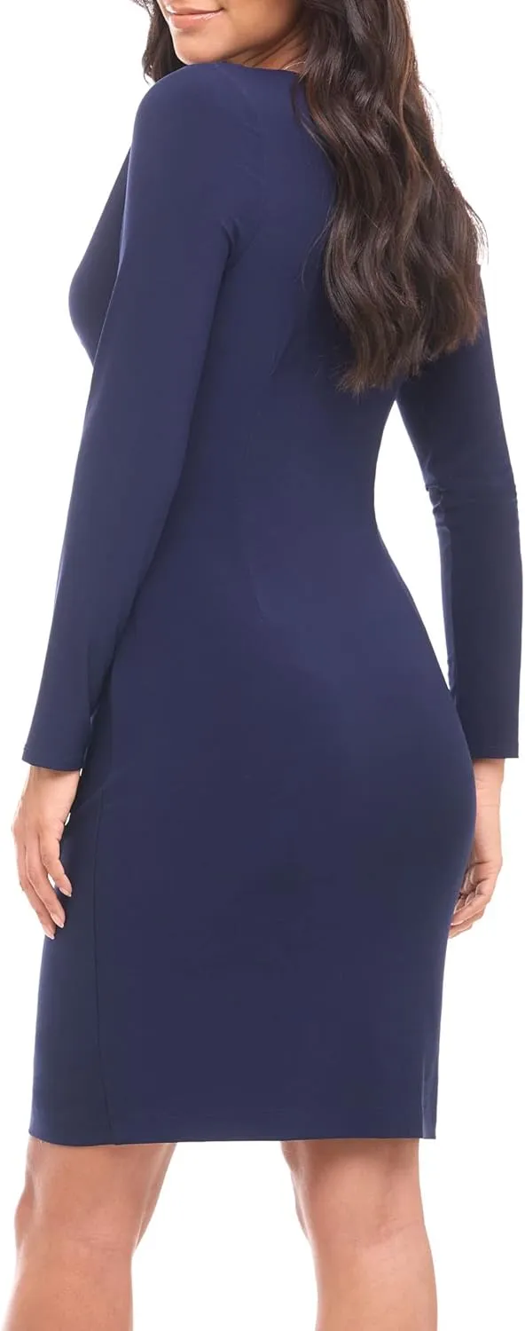 Rekucci Women's V-Neck Long Sleeve Slimming Stretchy Knit Dress