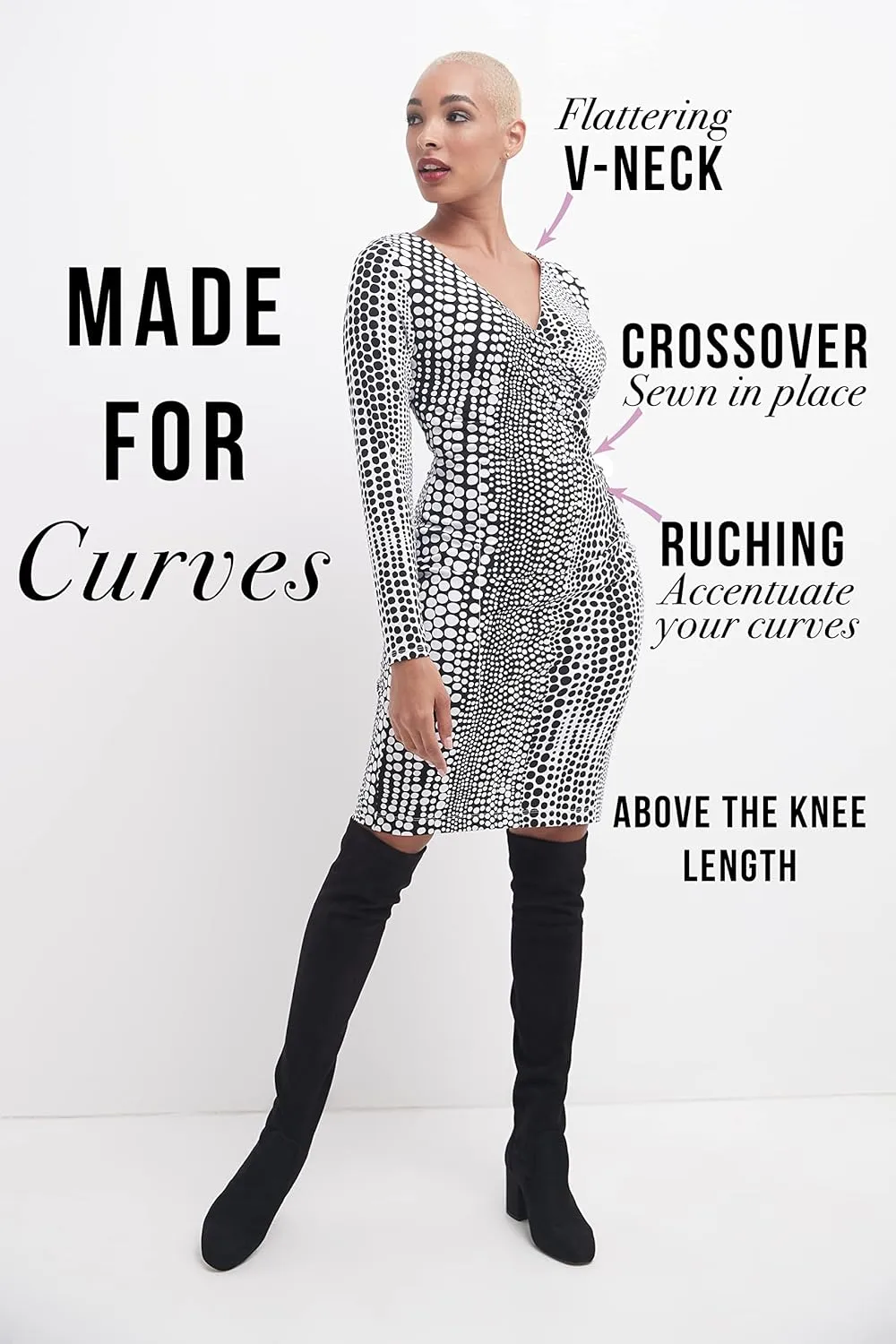 Rekucci Women's V-Neck Long Sleeve Slimming Stretchy Knit Dress