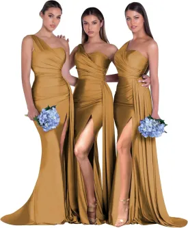 RYANTH One Shoulder Satin Bridesmaid Dresses for Women Mermaid Long Prom Dresses 2025 Formal Evening Gown with Slit RYZ507