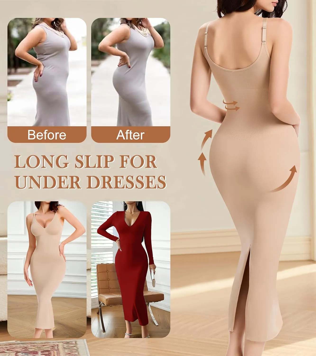 Shapewear Slips for Under Dresses Full Slip Dress for Women Tummy Control Seamless Body Shaper V Neck Slip