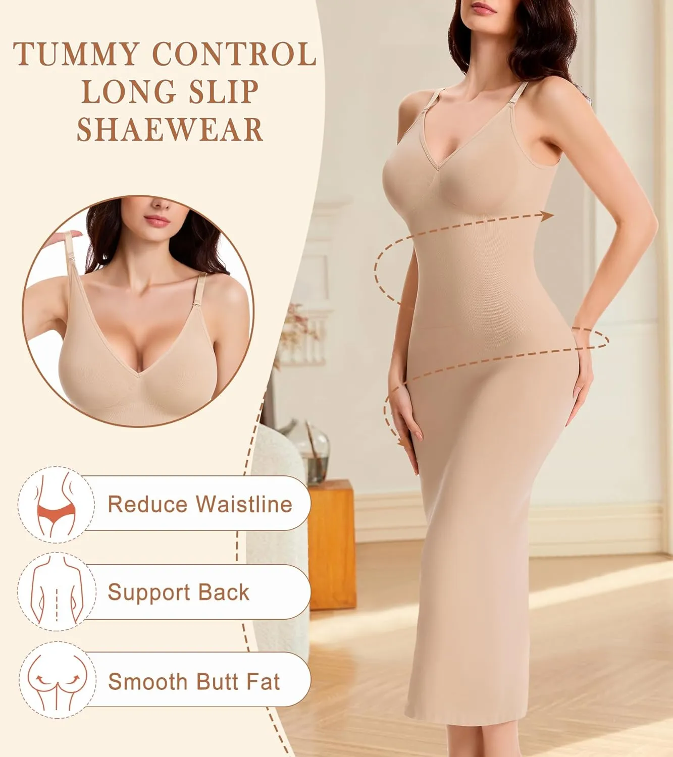 Shapewear Slips for Under Dresses Full Slip Dress for Women Tummy Control Seamless Body Shaper V Neck Slip