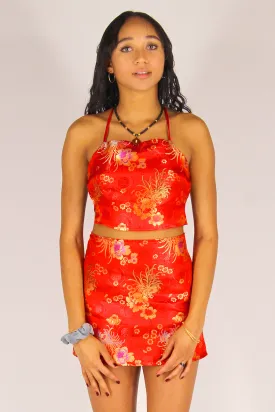 Skirt - Red Satin with Flowers