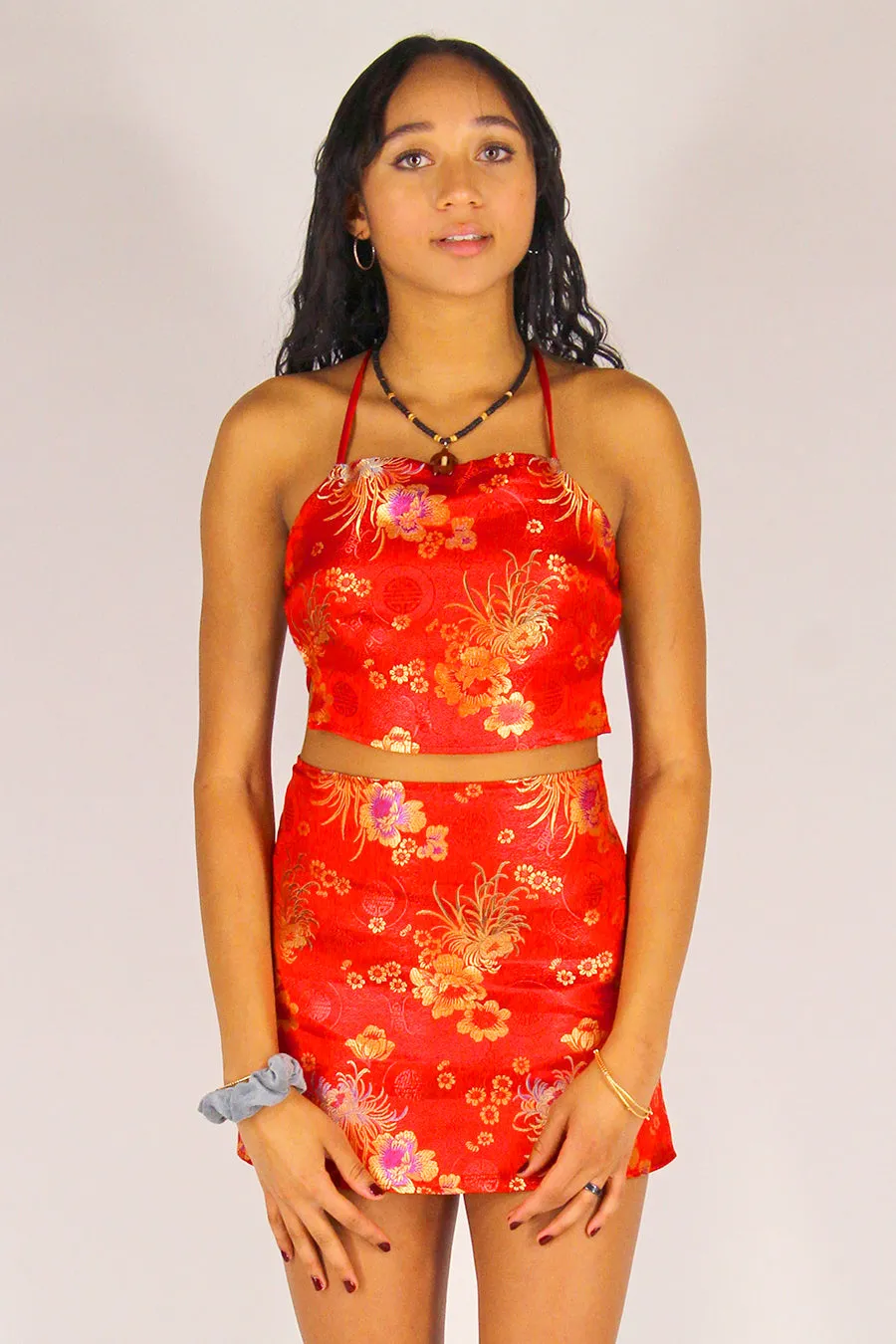 Skirt - Red Satin with Flowers