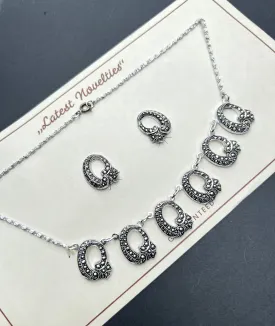 Sparkly Vintage Faux Marcasite Necklace and Clip On Earrings