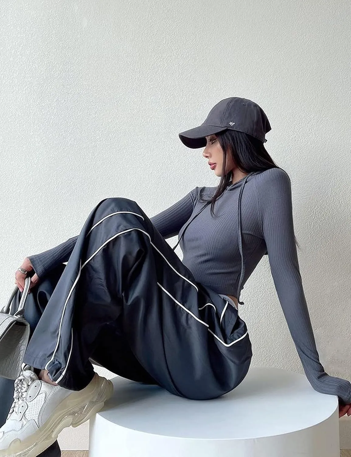 Springrain Womens Wide Leg Track Pants Slouchy Stripe Detail Jogger Sweatpants with Pockets