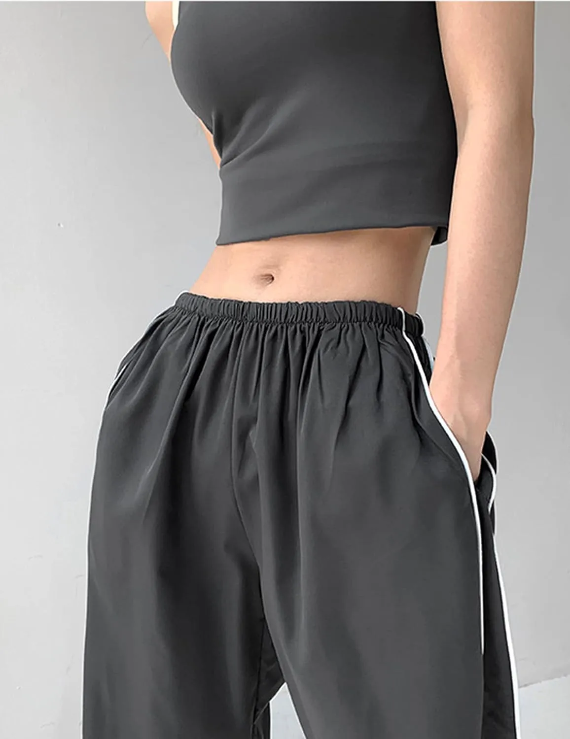 Springrain Womens Wide Leg Track Pants Slouchy Stripe Detail Jogger Sweatpants with Pockets