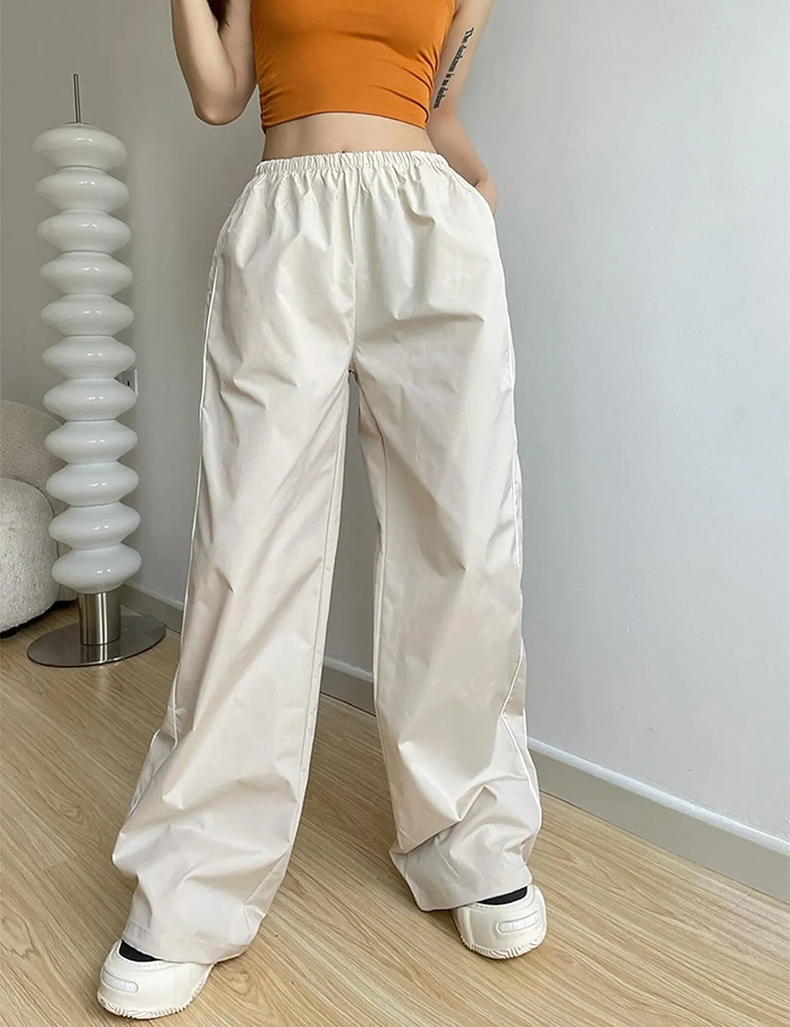 Springrain Womens Wide Leg Track Pants Slouchy Stripe Detail Jogger Sweatpants with Pockets