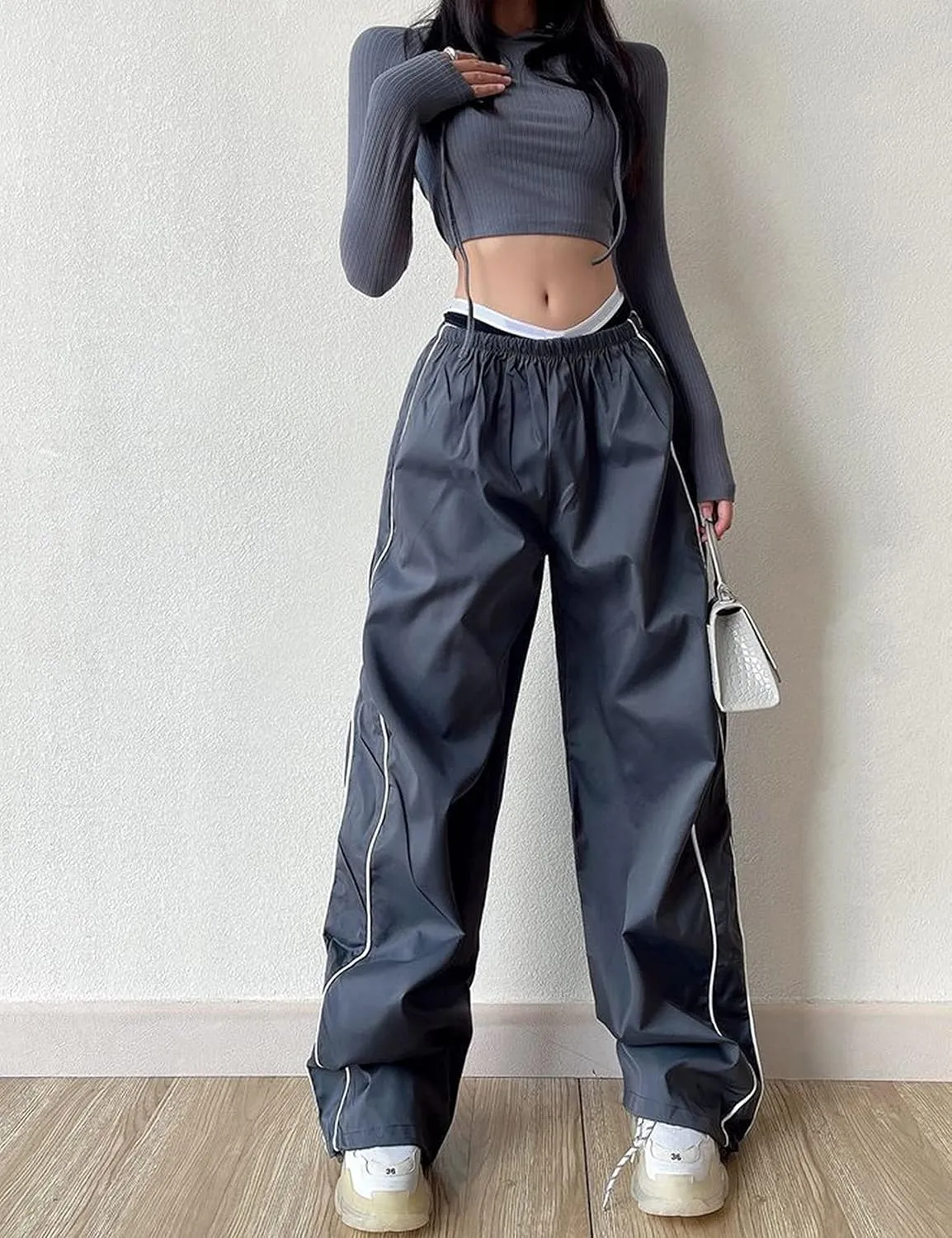 Springrain Womens Wide Leg Track Pants Slouchy Stripe Detail Jogger Sweatpants with Pockets