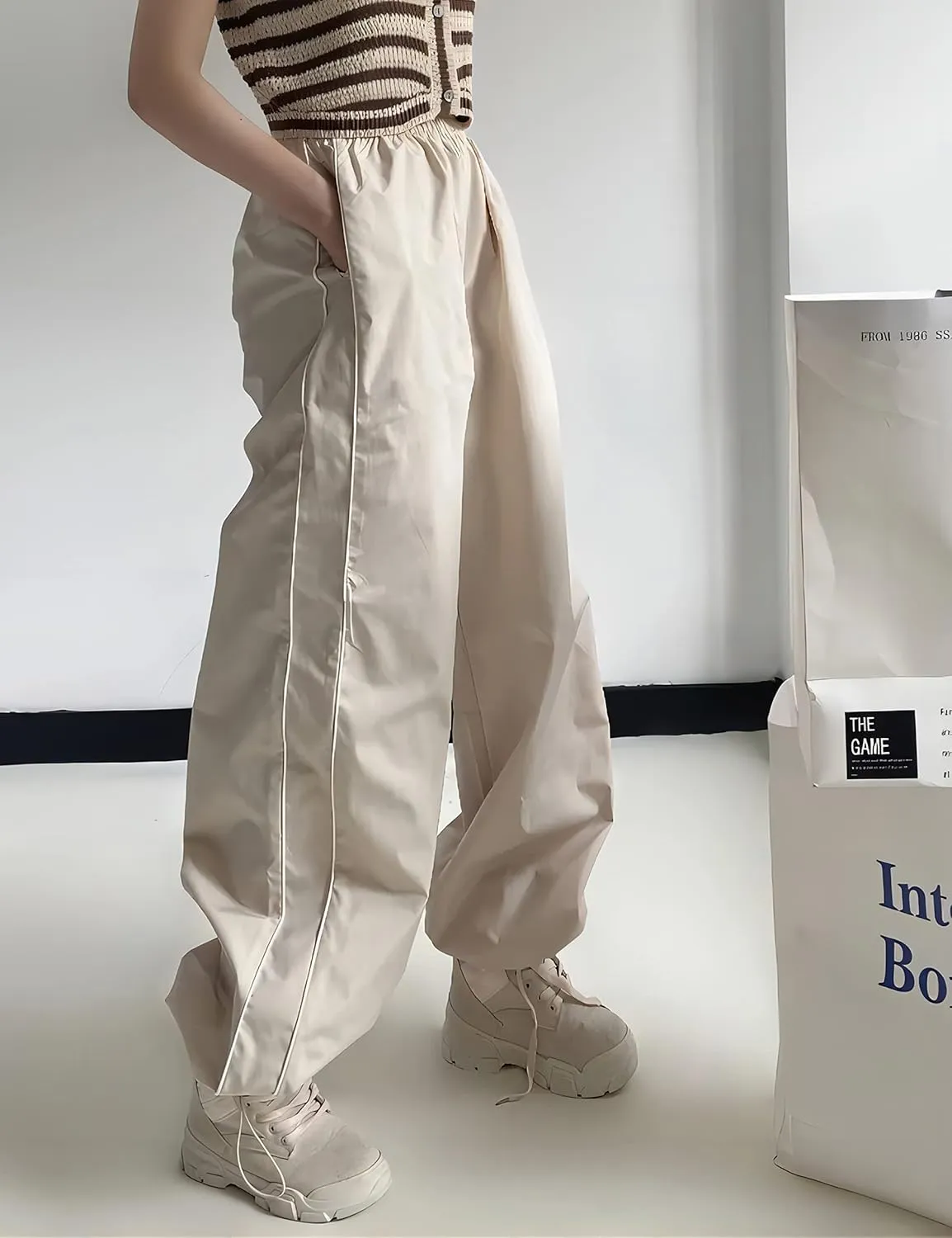 Springrain Womens Wide Leg Track Pants Slouchy Stripe Detail Jogger Sweatpants with Pockets