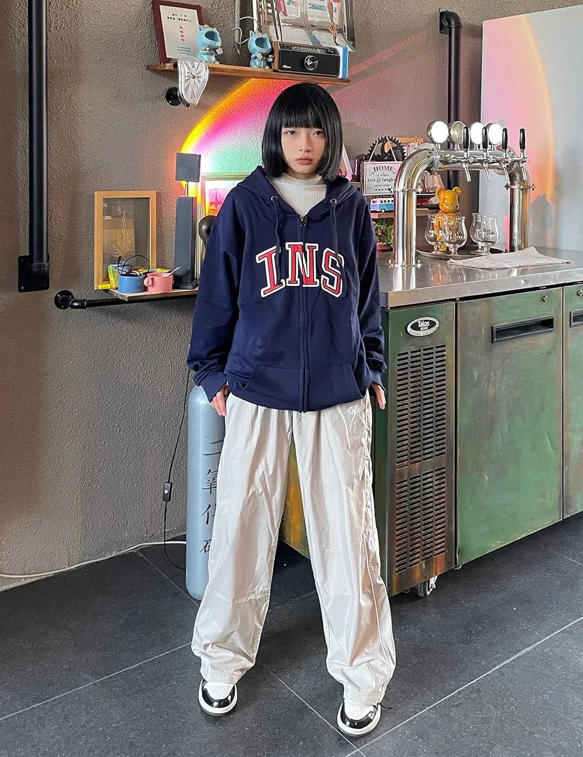 Springrain Womens Wide Leg Track Pants Slouchy Stripe Detail Jogger Sweatpants with Pockets