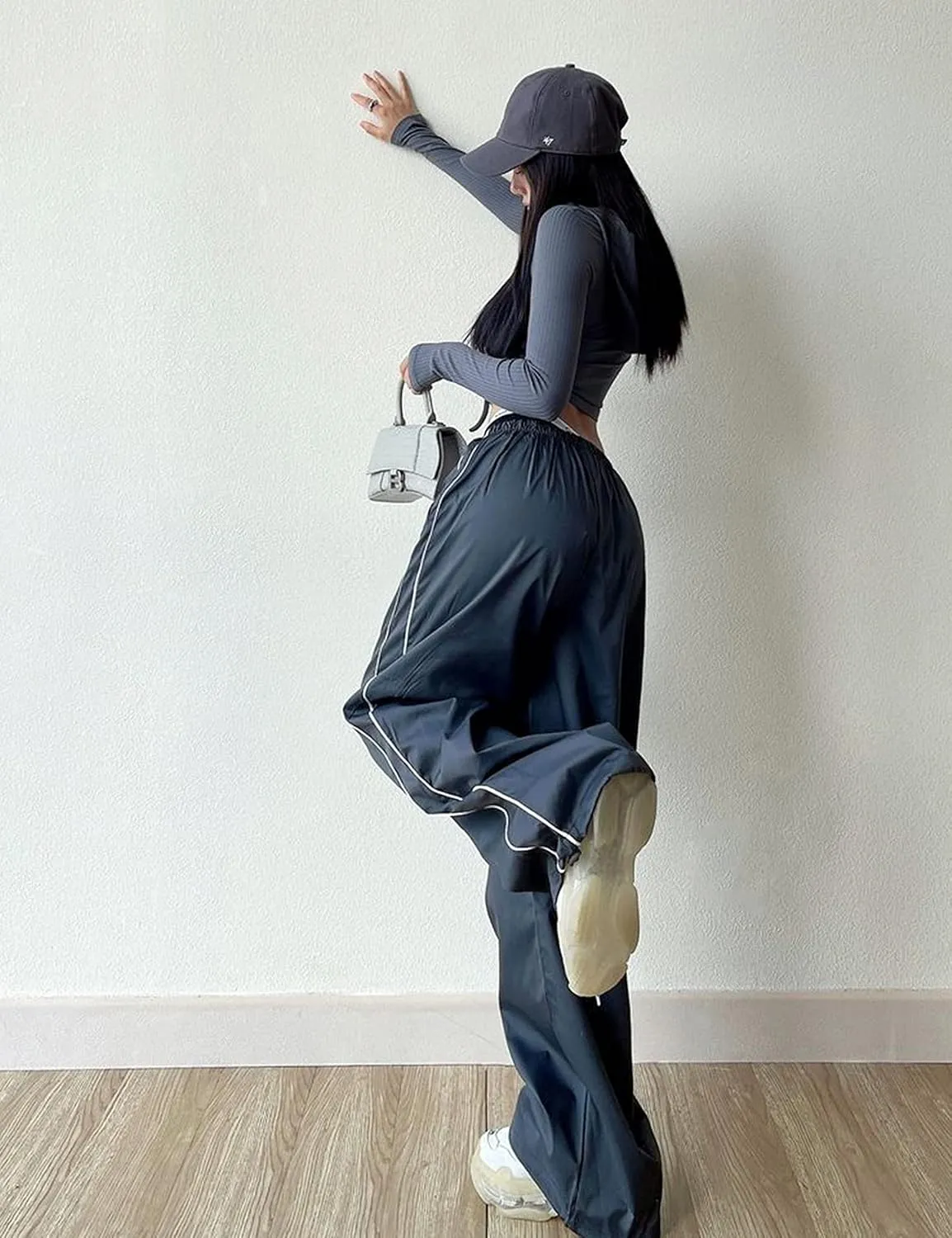 Springrain Womens Wide Leg Track Pants Slouchy Stripe Detail Jogger Sweatpants with Pockets