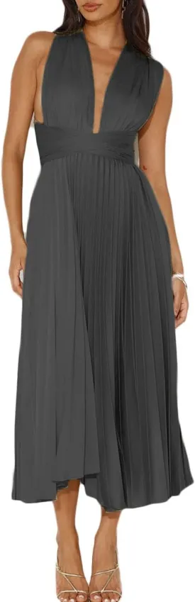 Summer Satin Sleeveless Pleated Midi Dresses for Women Sexy V Neck Backless Tie Asymmetric Flowy Cocktail Dress