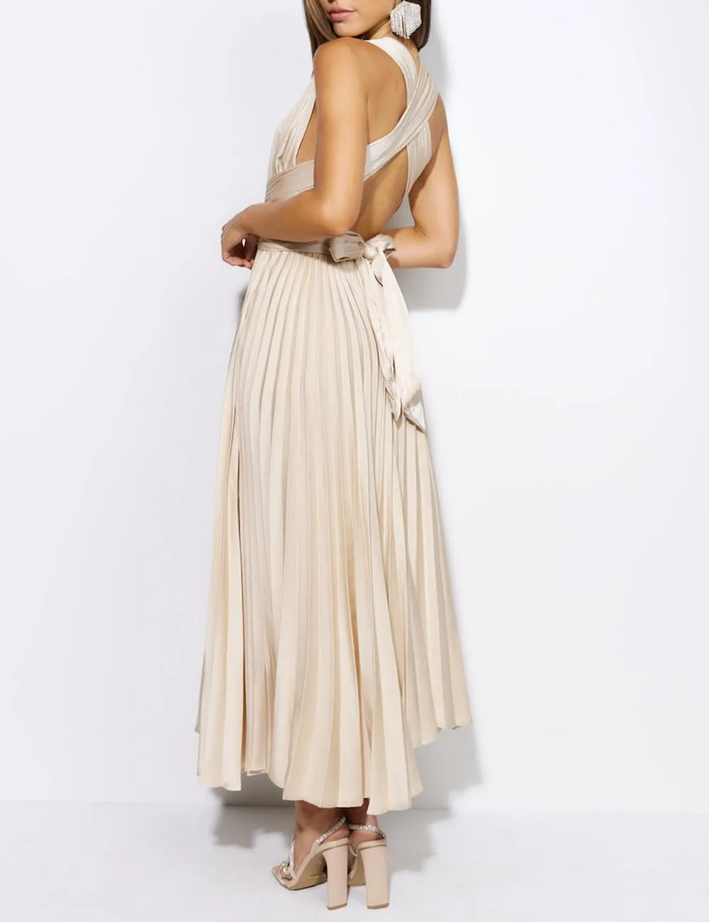 Summer Satin Sleeveless Pleated Midi Dresses for Women Sexy V Neck Backless Tie Asymmetric Flowy Cocktail Dress