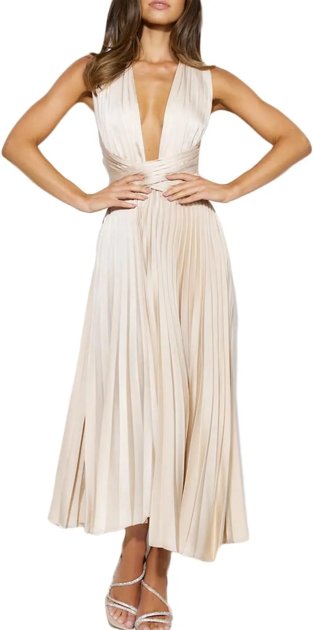 Summer Satin Sleeveless Pleated Midi Dresses for Women Sexy V Neck Backless Tie Asymmetric Flowy Cocktail Dress