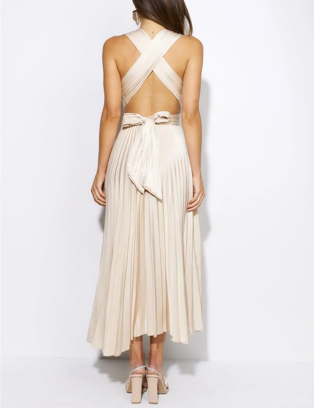 Summer Satin Sleeveless Pleated Midi Dresses for Women Sexy V Neck Backless Tie Asymmetric Flowy Cocktail Dress