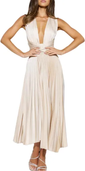 Summer Satin Sleeveless Pleated Midi Dresses for Women Sexy V Neck Backless Tie Asymmetric Flowy Cocktail Dress