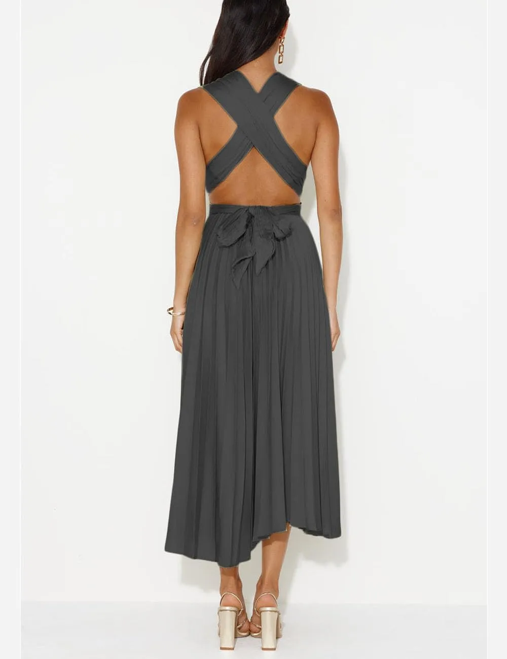 Summer Satin Sleeveless Pleated Midi Dresses for Women Sexy V Neck Backless Tie Asymmetric Flowy Cocktail Dress