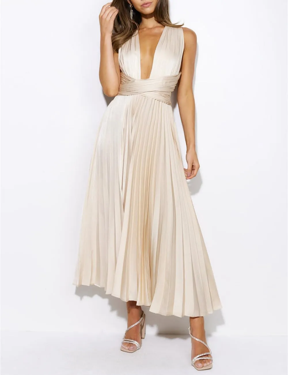 Summer Satin Sleeveless Pleated Midi Dresses for Women Sexy V Neck Backless Tie Asymmetric Flowy Cocktail Dress