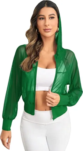 SweatyRocks Women's Activewear Long Sleeve Hooded Sheer Mesh Sports Jacket Workout Crop Top