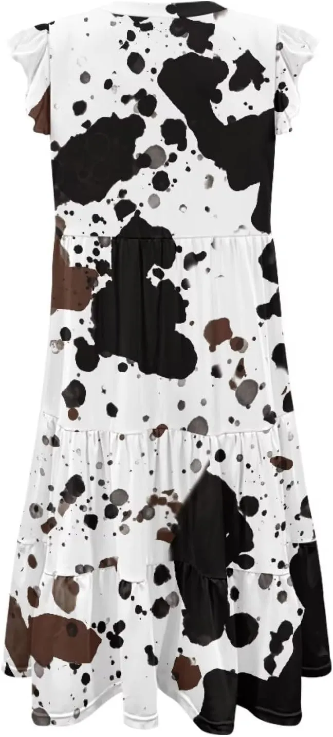Swing Dress for Women Plus Size Summer Casual Loose V Neck Ruffle Cap Short Sleeve Tiered Midi Dress with Pockets